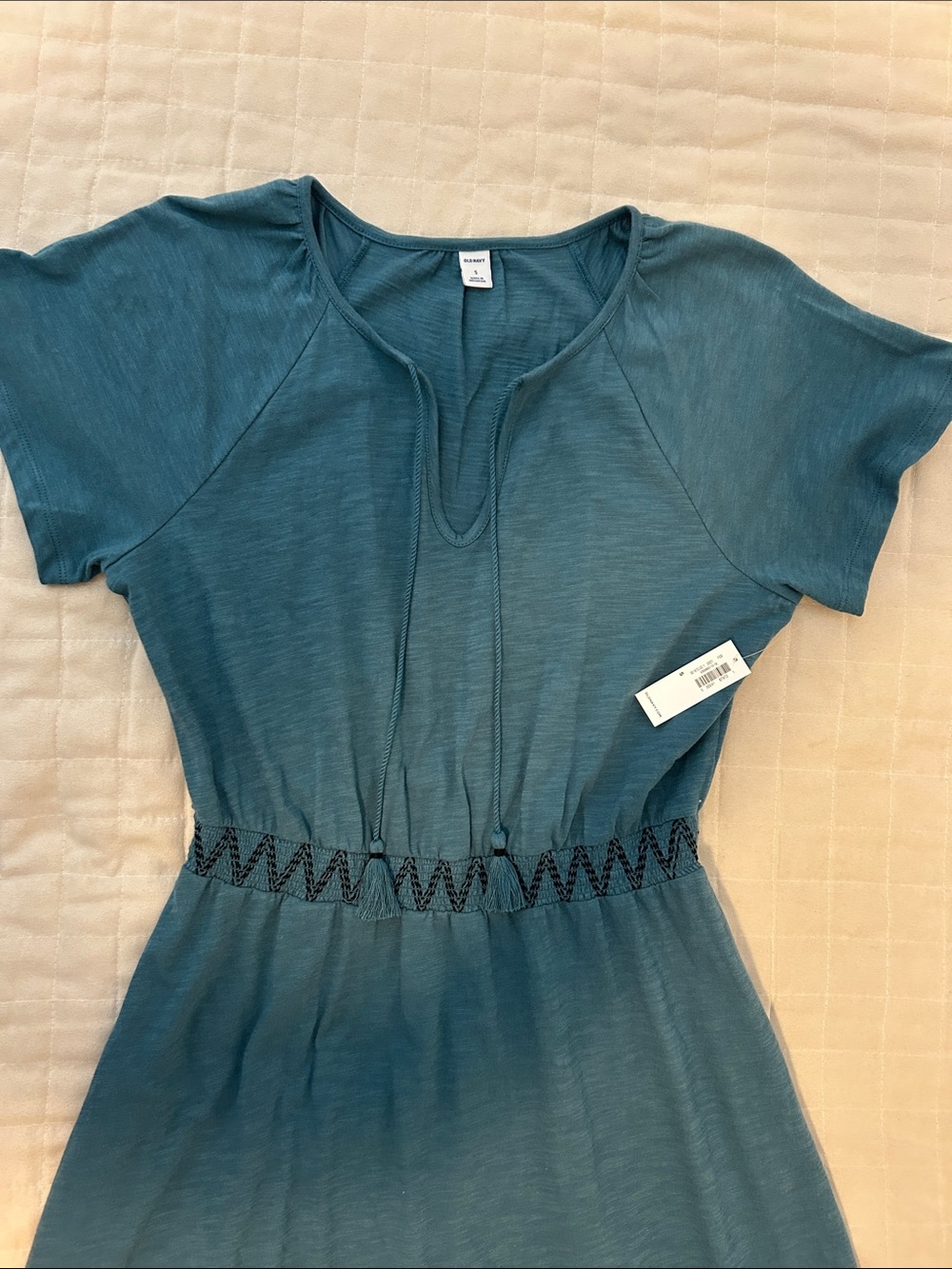 Old Navy Teal Boho Midi Dress Tassel Ties Smocked Waist S - Picture 4 of 5